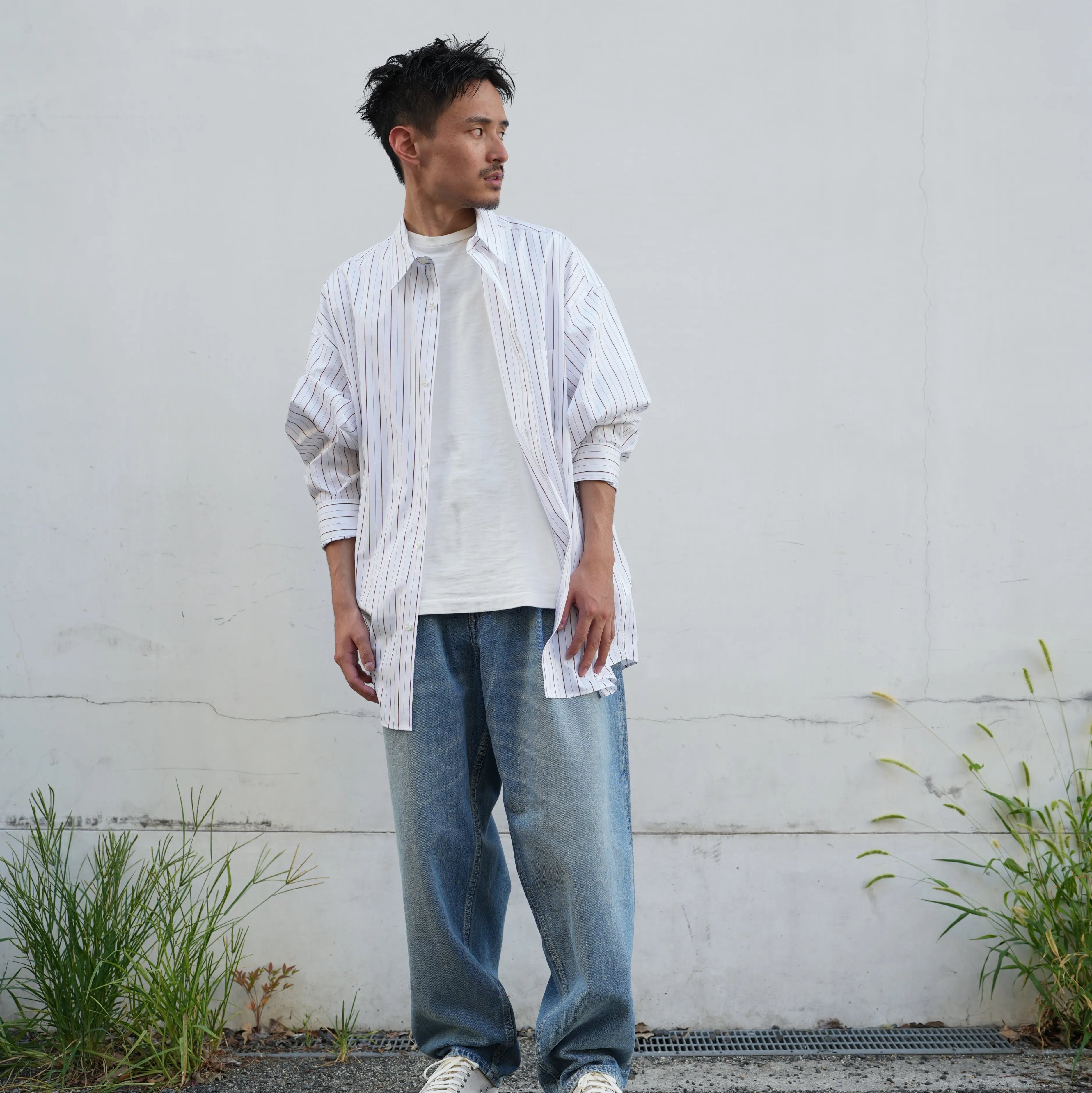 SIDOGRAS Brown Stripe L/S Oversized Regular Collar Shirt [GM263-50345]