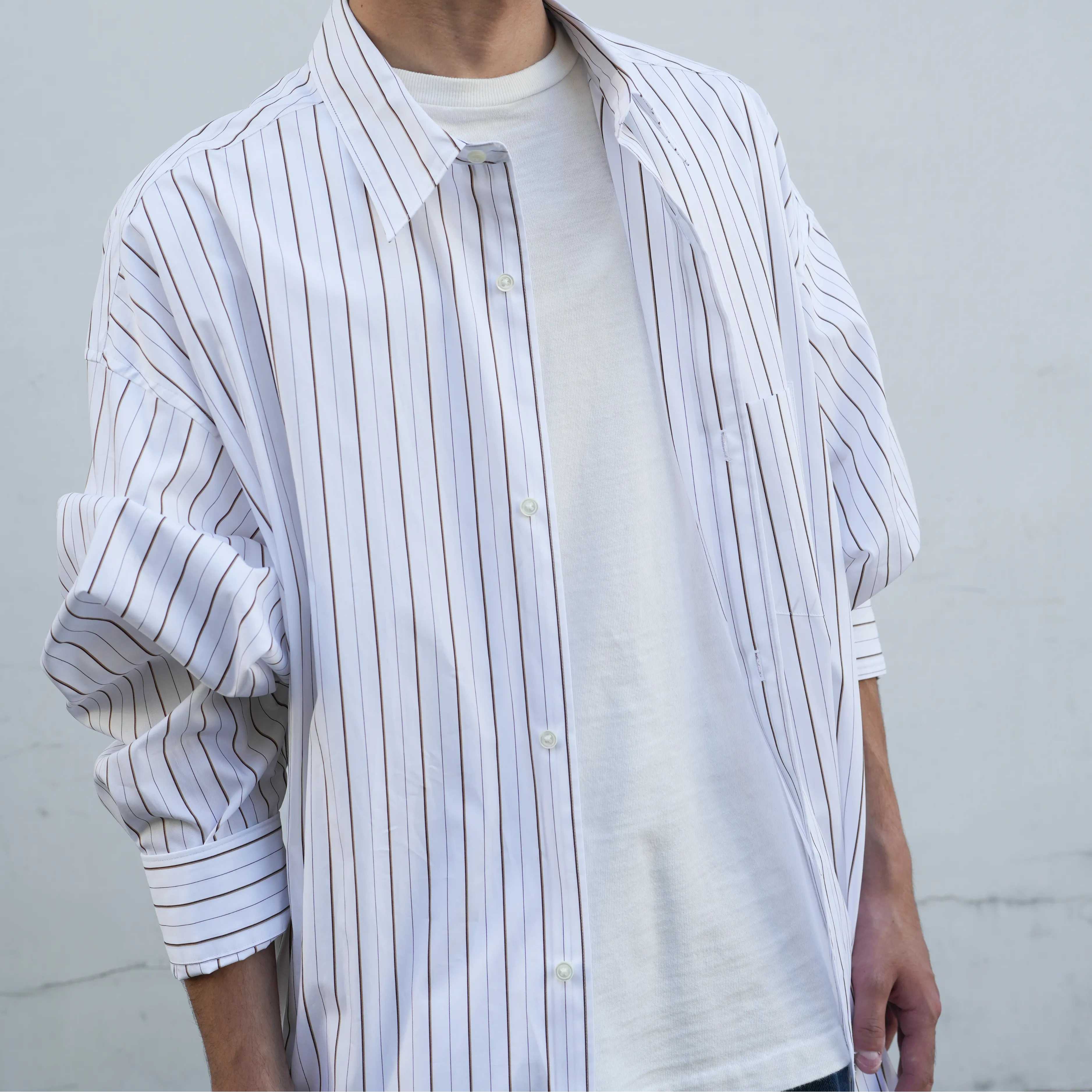 SIDOGRAS Brown Stripe L/S Oversized Regular Collar Shirt [GM263-50345]