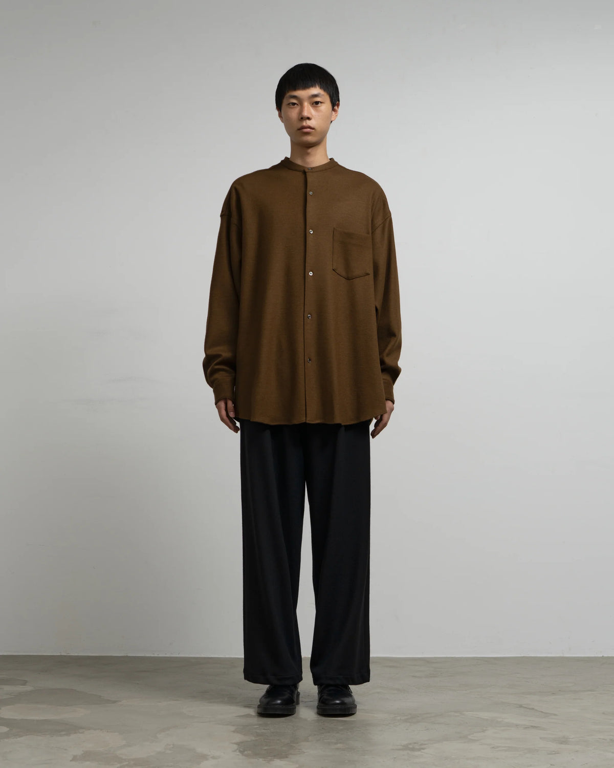 Wool Smooth Flannel Oversized Band Collar Shirt [3COLORS]