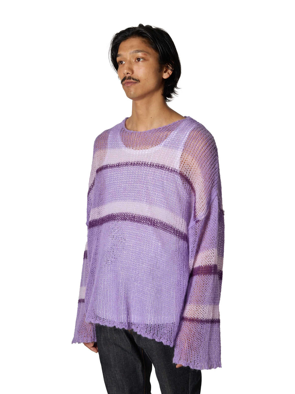 RESEARCHED BOAT NECK BORDER SWEATER / MOHAIR MIX YARN