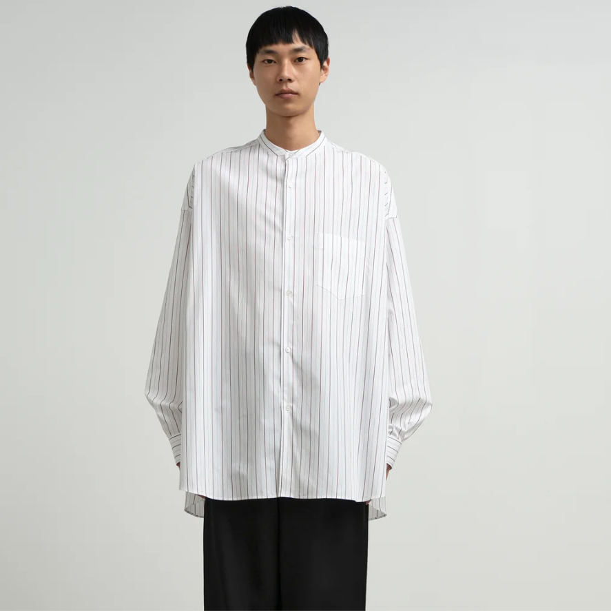 SIDOGRAS Brown Stripe L/S Oversized Band Collar Shirt [GM263-50346]