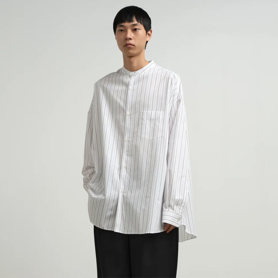 SIDOGRAS Brown Stripe L/S Oversized Band Collar Shirt [GM263-50346]